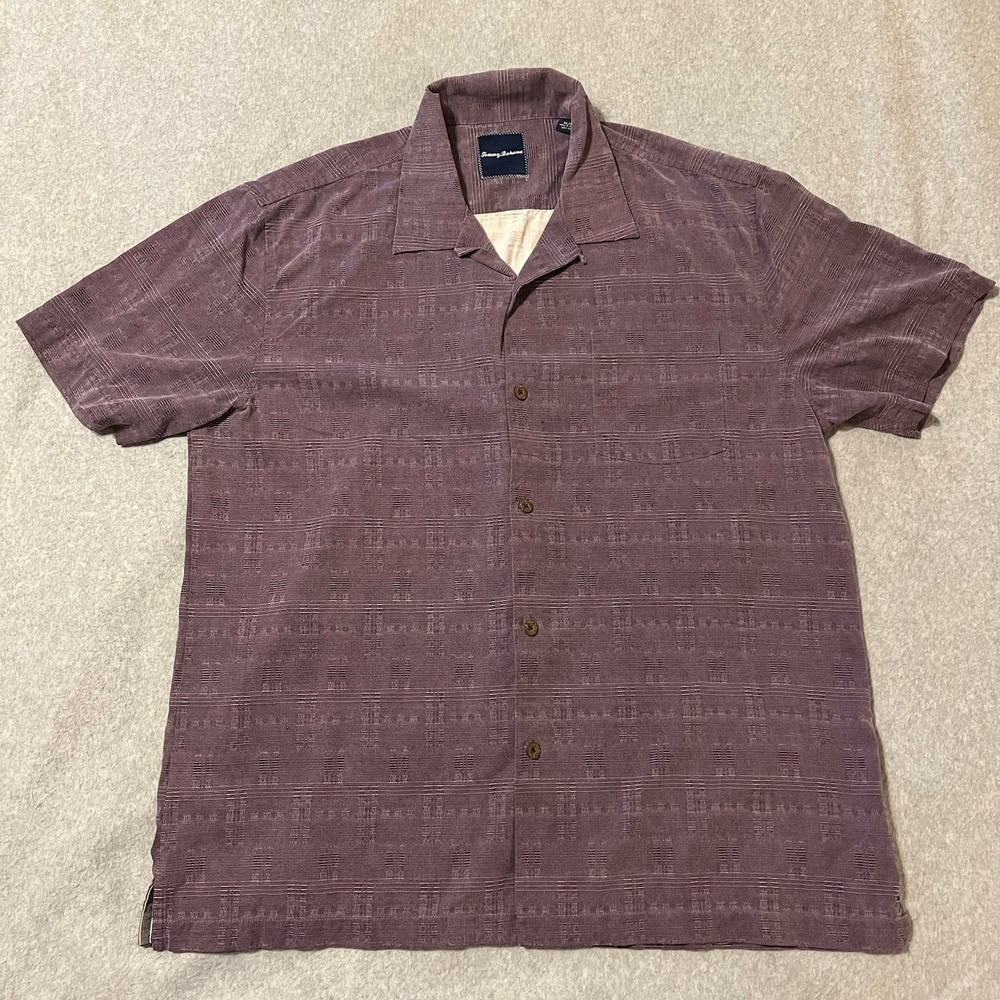 Tommy Bahama Shirt Mens XL Purple Jacquard Geo-Rific Loop Collar Coconut Camp
